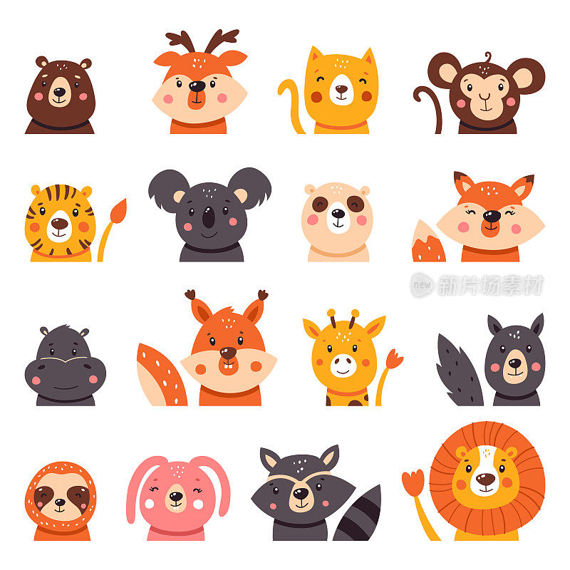 Large collection of cute cartoon animals. Big set of icons. Vector illustration isolated on white background